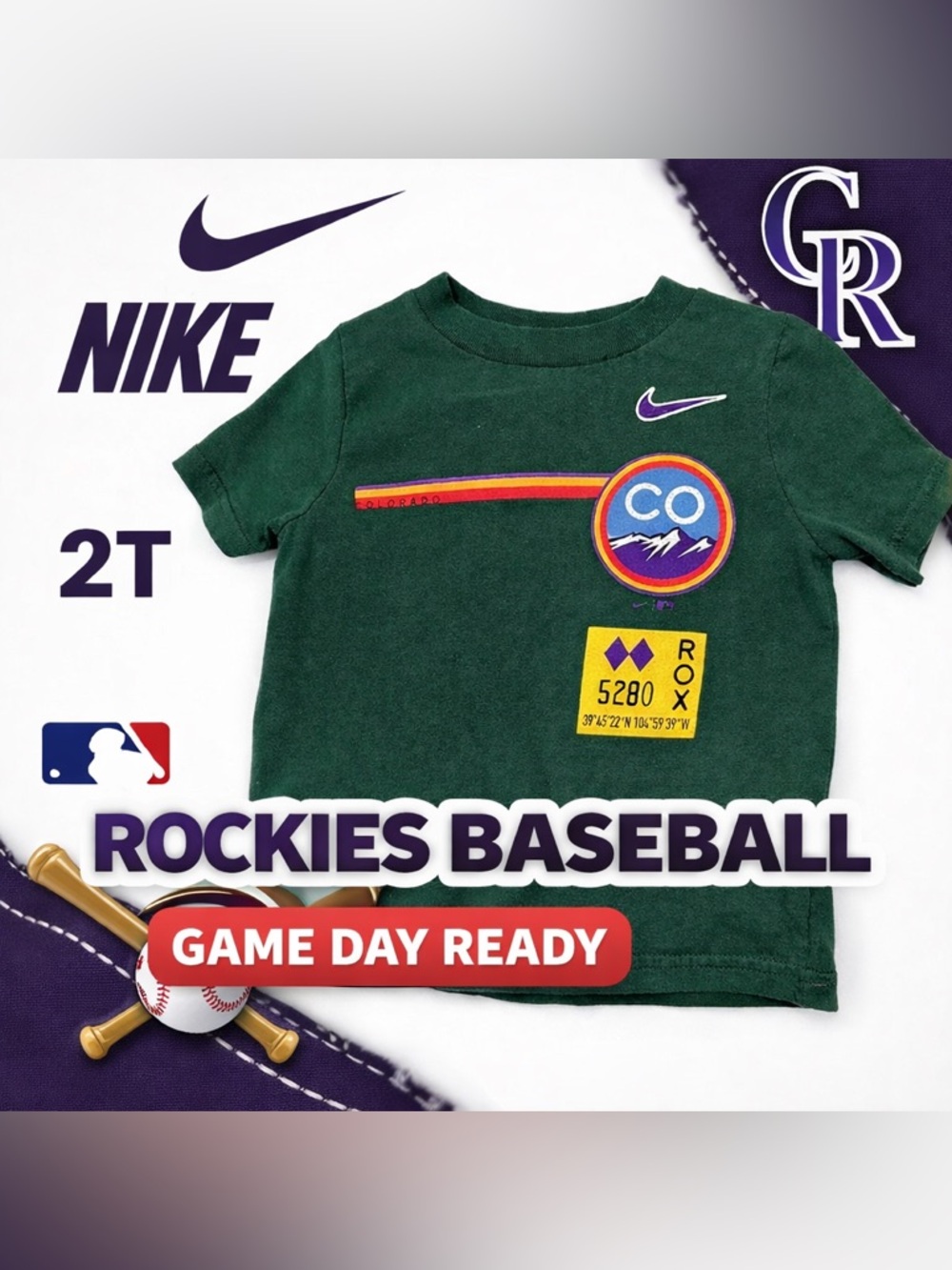 Nike Colorado Rockies Toddler Shirt 2T MLB Baseball Tee Green Nike Swoosh - Picture 2 of 5